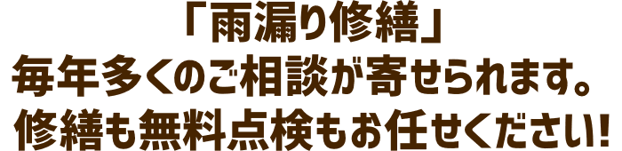 「雨漏り修繕」毎年多くのご相談が寄せられます。修繕も無料点検もお任せください!